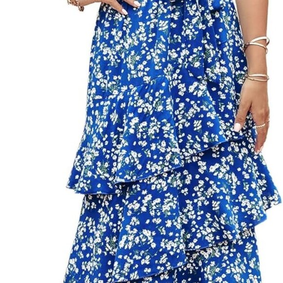 Women's Summer Floral Sundress Casual One Shoulder Tiered Ruffle Flowy Midi Beac